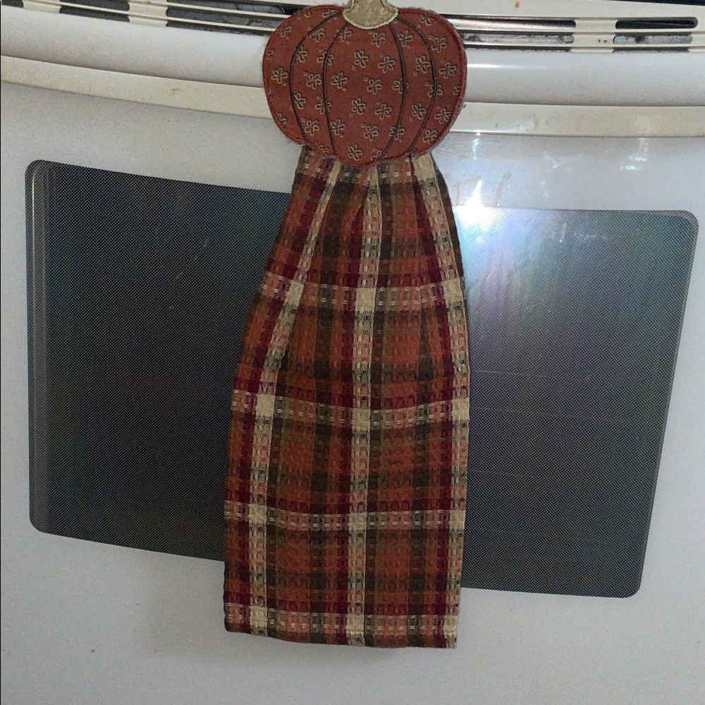 Plaid Hanging Kitchen Towel with Pumpkin Accent